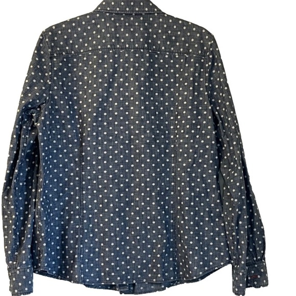 Talbots Chambray Blue White Polka Dot Button Down Shirt Sz 14 Long Sleeve Cotton - Picture 2 of 8